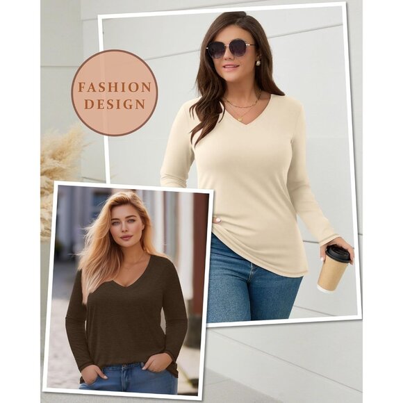 Women's Plus Size T Shirts 3 Pack Long Sleeve V Neck Casual Soft Tops - Picture 4 of 6